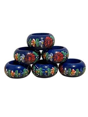 Hand-Painted Lacquered Floral Wood Napkin Rings Cottage Shabby Chic Set of 6